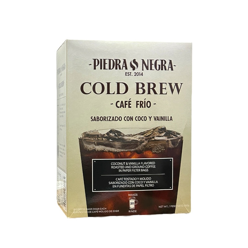 Box of Piedra Negra Cold Brew (Coconut and Vanilla) coffee packets