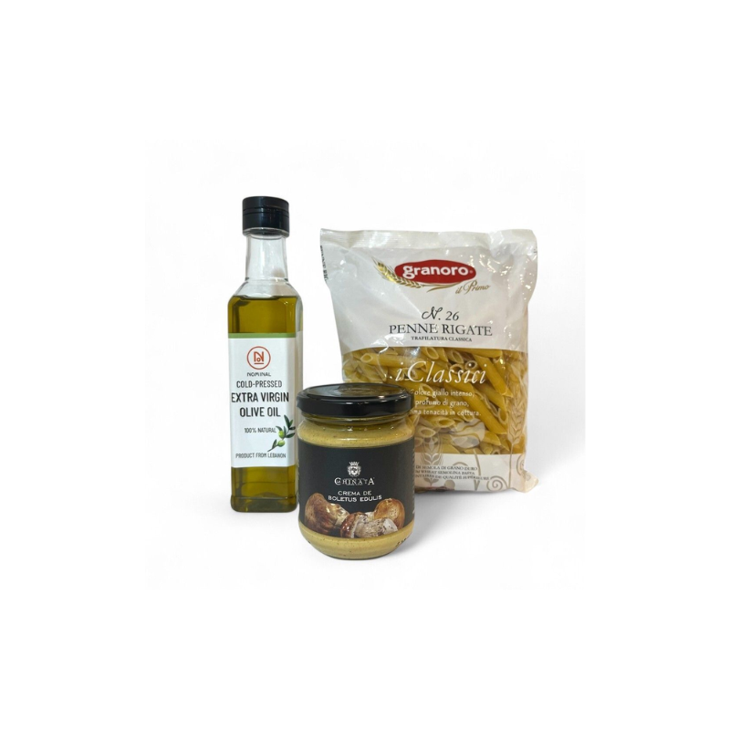 Pasta Ready Set with Porcini Mushroom Cream Sauce, pasta, and olive oil