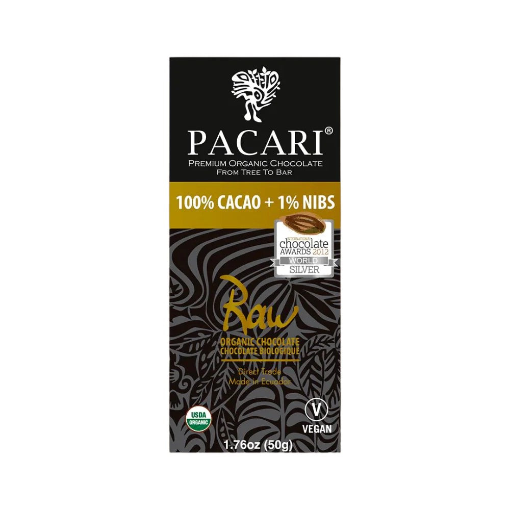 Paccari Raw Organic Chocolate Bar 100% Cacao with Cacao Nibs